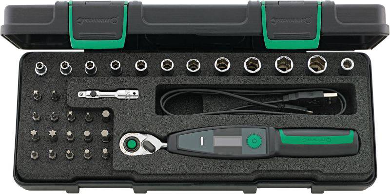 Cassetta degli attrezzi con chiave dinamometrica digitale, bussole e bit. Include anche un cavo di ricarica USB. Ideale per lavori di precisione.