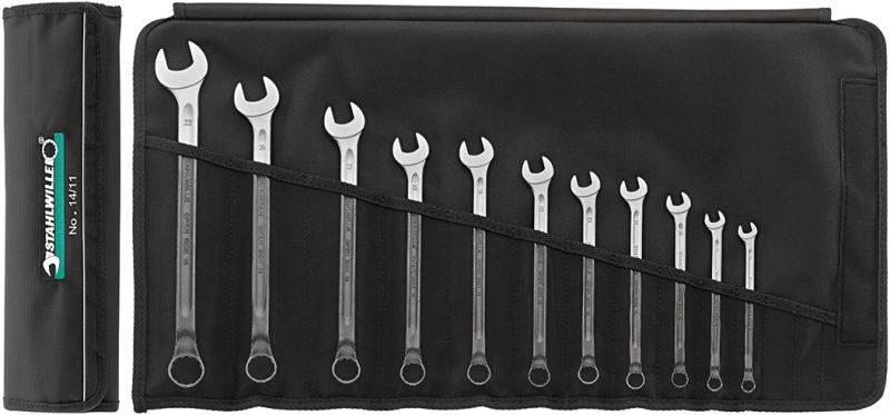 Set di chiavi inglesi con 12 diverse misure in una borsa degli attrezzi nera. Il set include chiavi aperte e chiavi ad anello.