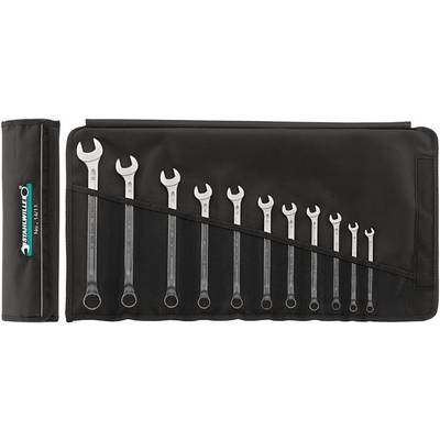Set di chiavi inglesi con 12 diverse misure in una borsa degli attrezzi nera. Il set include chiavi aperte e chiavi ad anello.