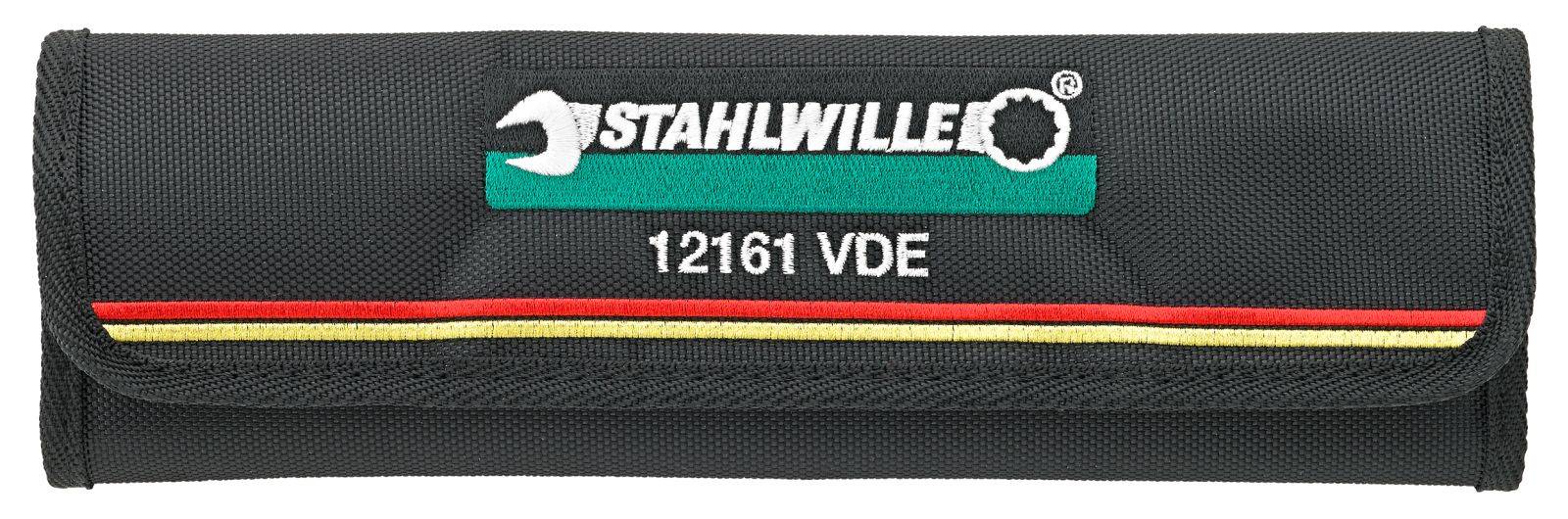 Una borsa degli attrezzi nera con la scritta 'STAHLWILLE 12161 VDE' e strisce colorate in rosso, giallo e nero.