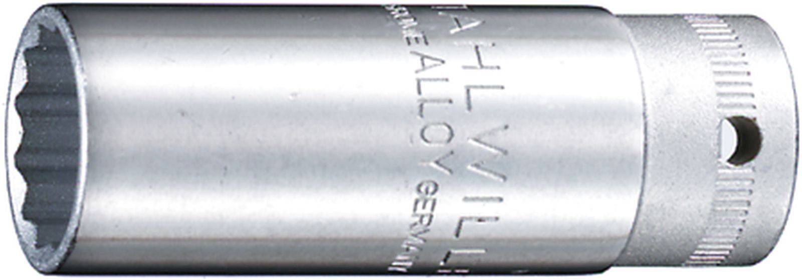 Un adattatore per chiave a cricchetto in argento con l'incisione 'STAHLWILLE ALLOY GERMANY', forma cilindrica, liscio con un foro sul lato.