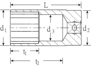 Disegno tecnico di un componente meccanico con quote dimensionali. Mostra misure come lunghezza (L), diametro (d3) e distanze (t1, t2).