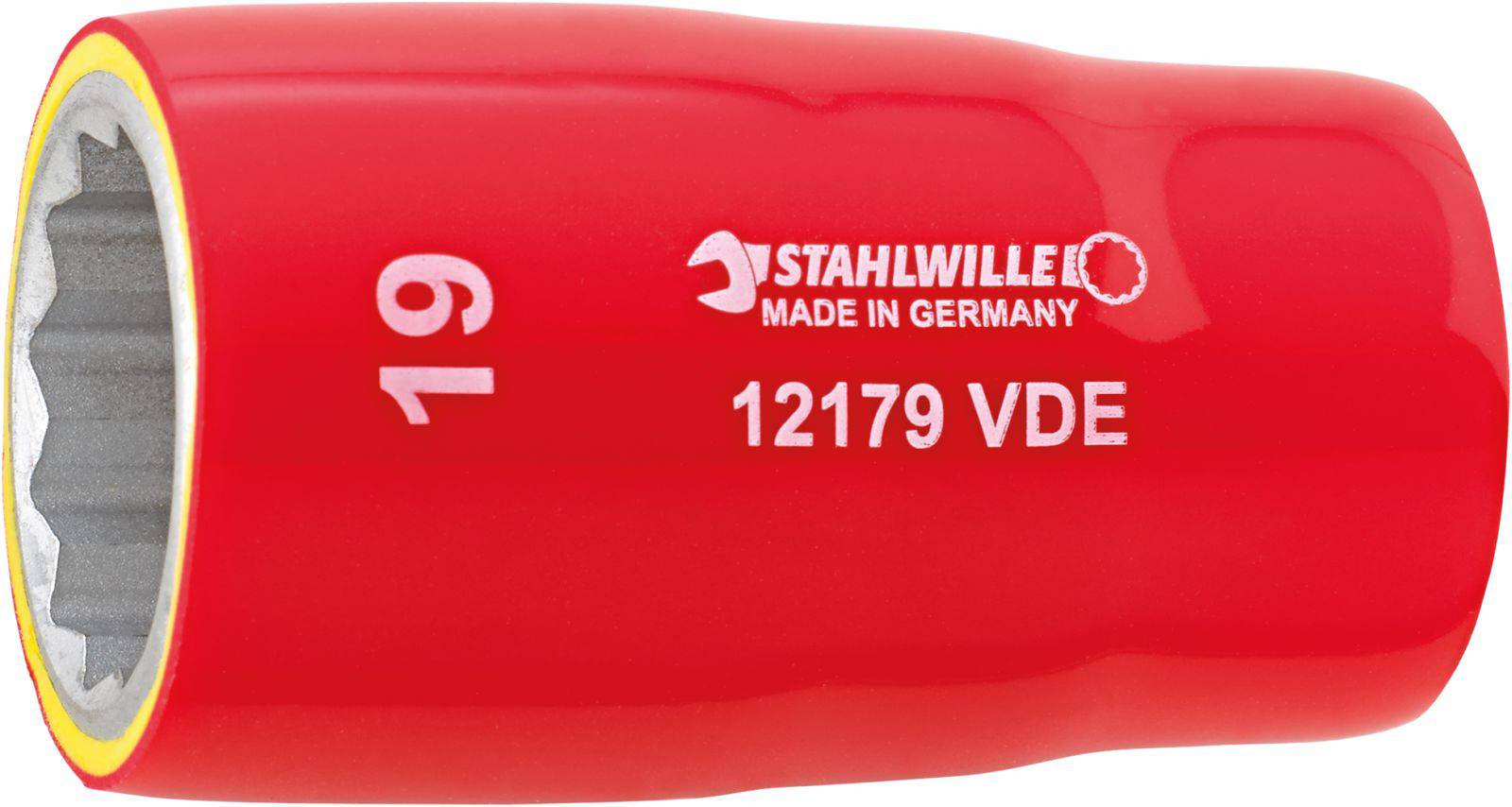 Chiave a bussola rossa con incisione 'STAHLWILLE MADE IN GERMANY', '12179 VDE', e '19'. Utilizzata per lavorare in sicurezza su parti sotto tensione.