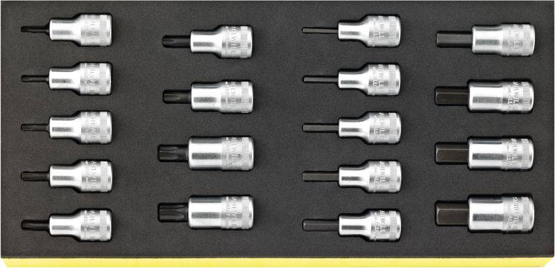 Un set di sedici inserti per bit Torx in un astuccio di schiuma, disposti in quattro file.