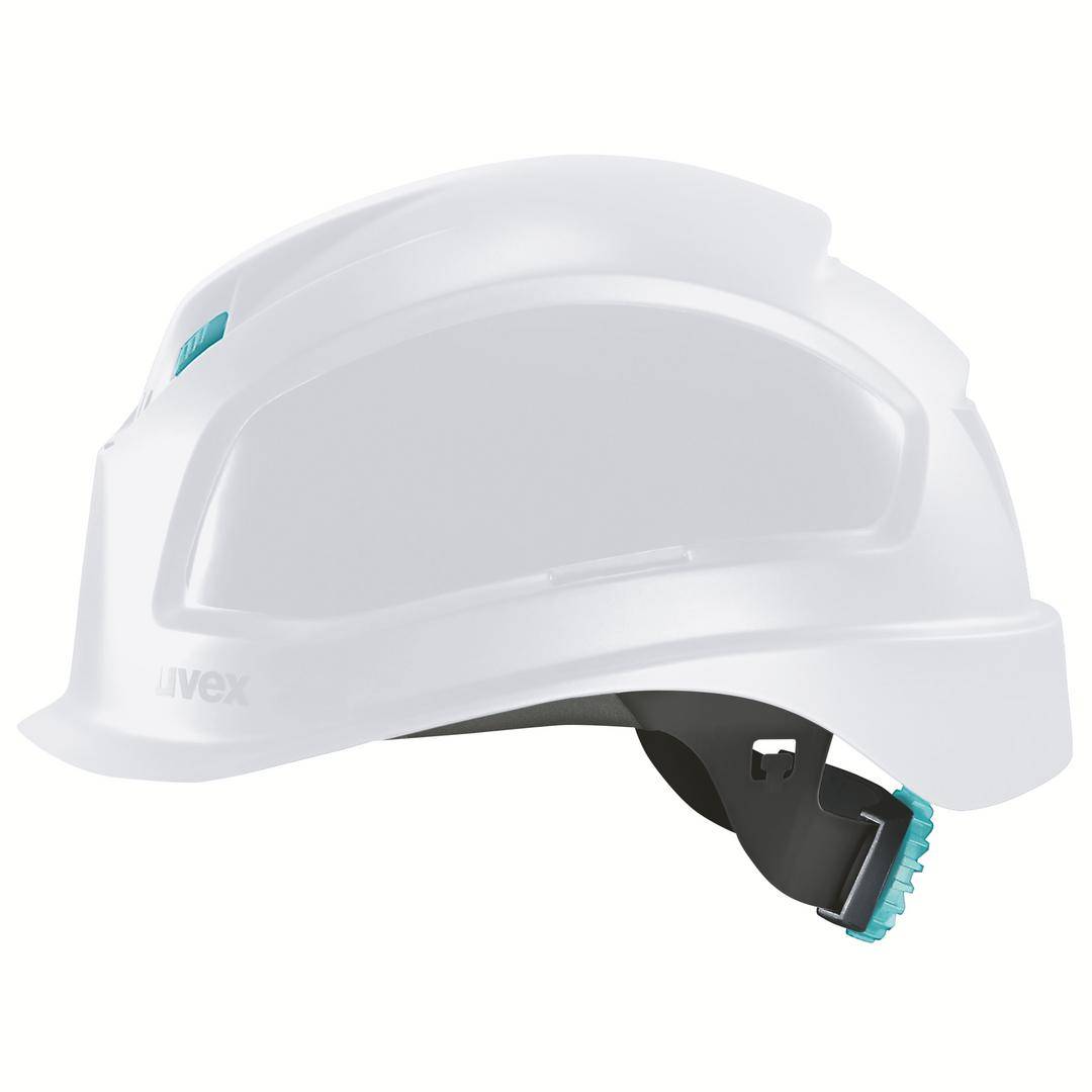 Casco protettivo bianco con anello interno regolabile e fessure di ventilazione superiori. Adatto per lavori edili o industriali.