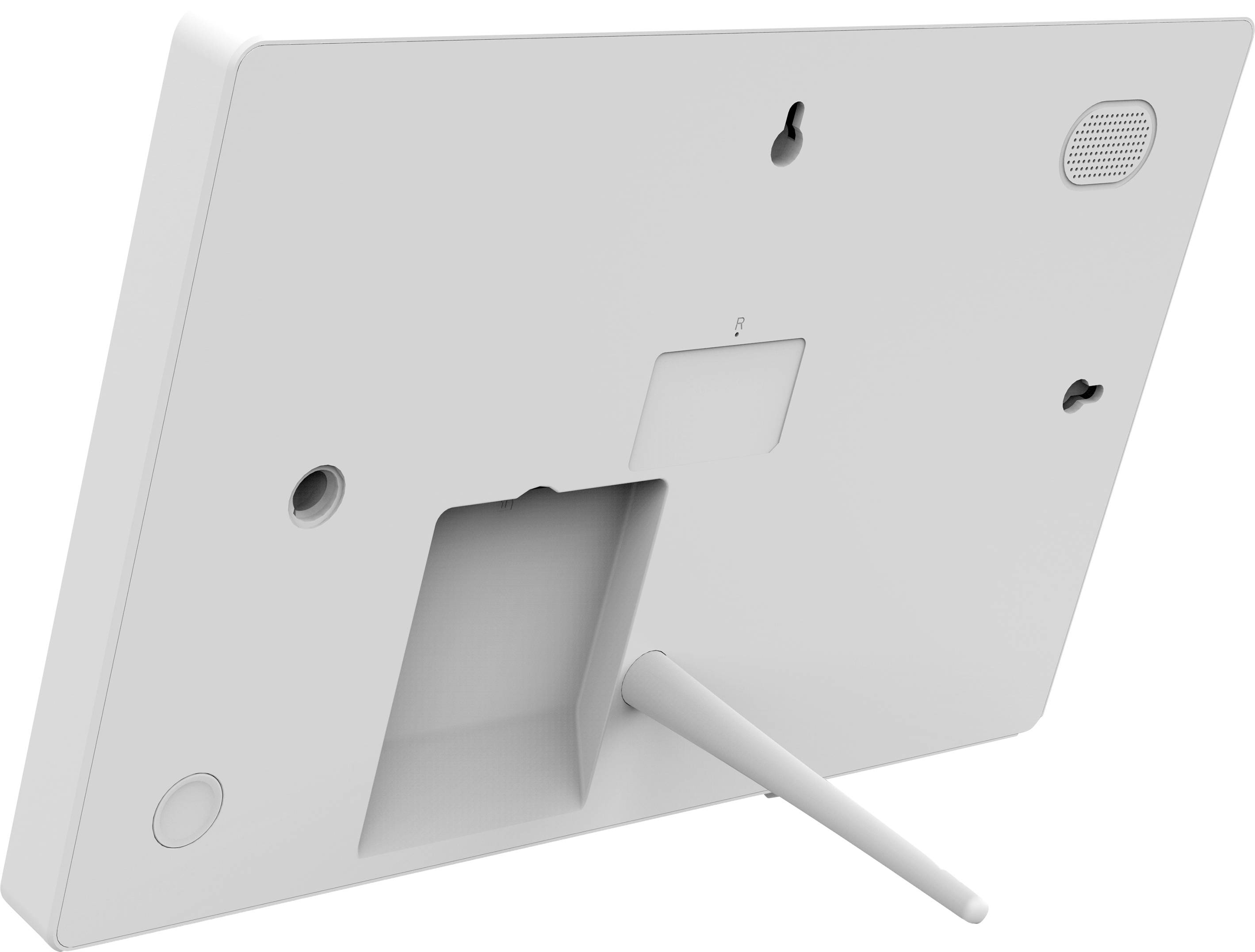 Retro di un dispositivo elettronico con supporto, altoparlanti e possibilità di montaggio, eventualmente con schermo o tablet.