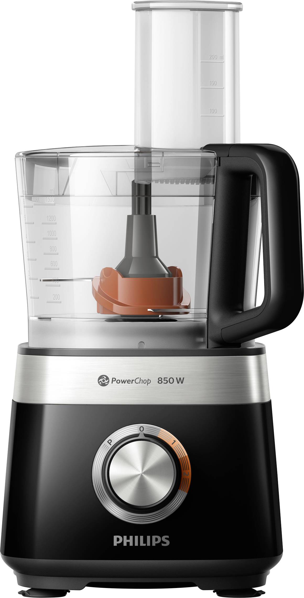 Una macchina da cucina Philips nera con PowerChop da 850 W. Contenitore grande con lame, manopola anteriore.