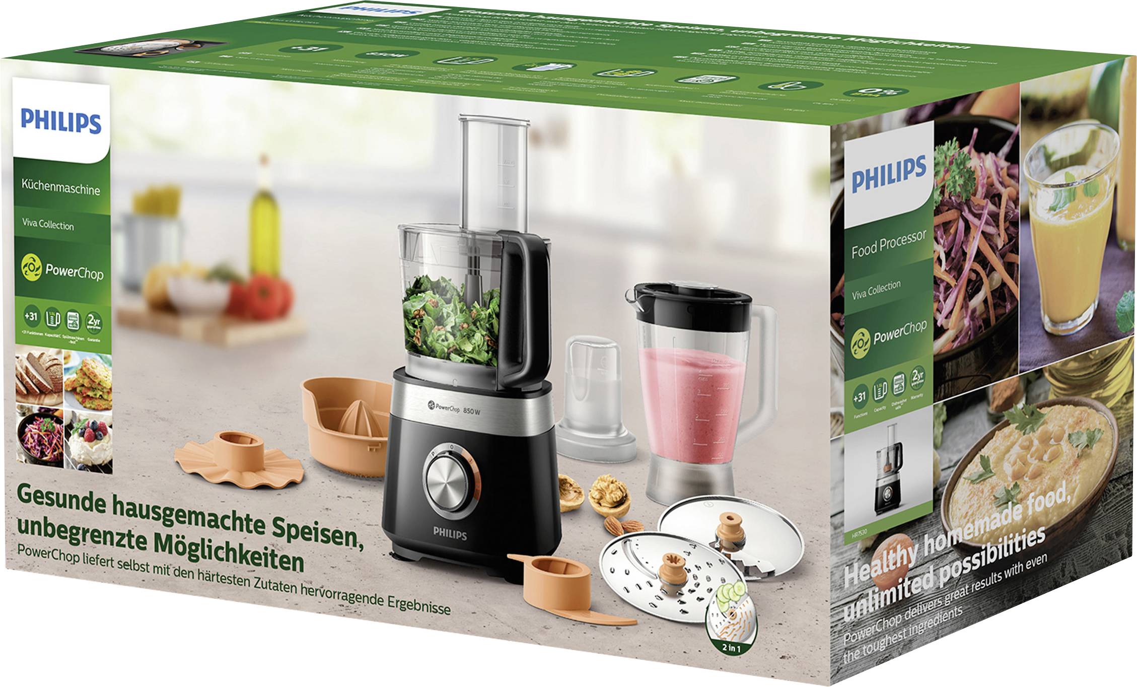 Confezione di un robot da cucina Philips con accessori come contenitori, accessorio frullatore e lama per tagliare. Stampa: 'Cibi sani fatti in casa, possibilità illimitate.'