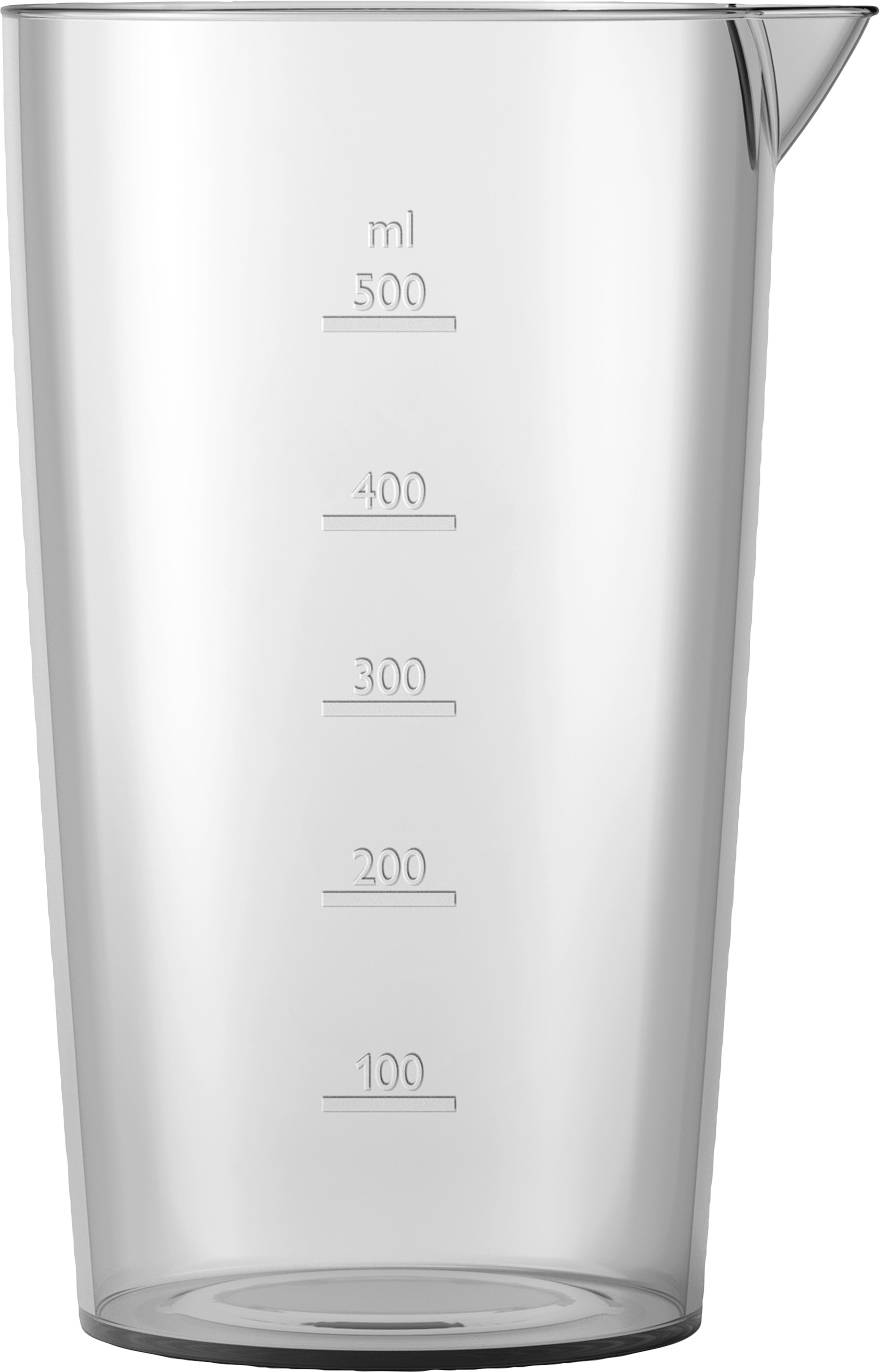 Un misurino trasparente in plastica con scala graduata da 100 ml a 500 ml, adatto per misurare liquidi in cucina.