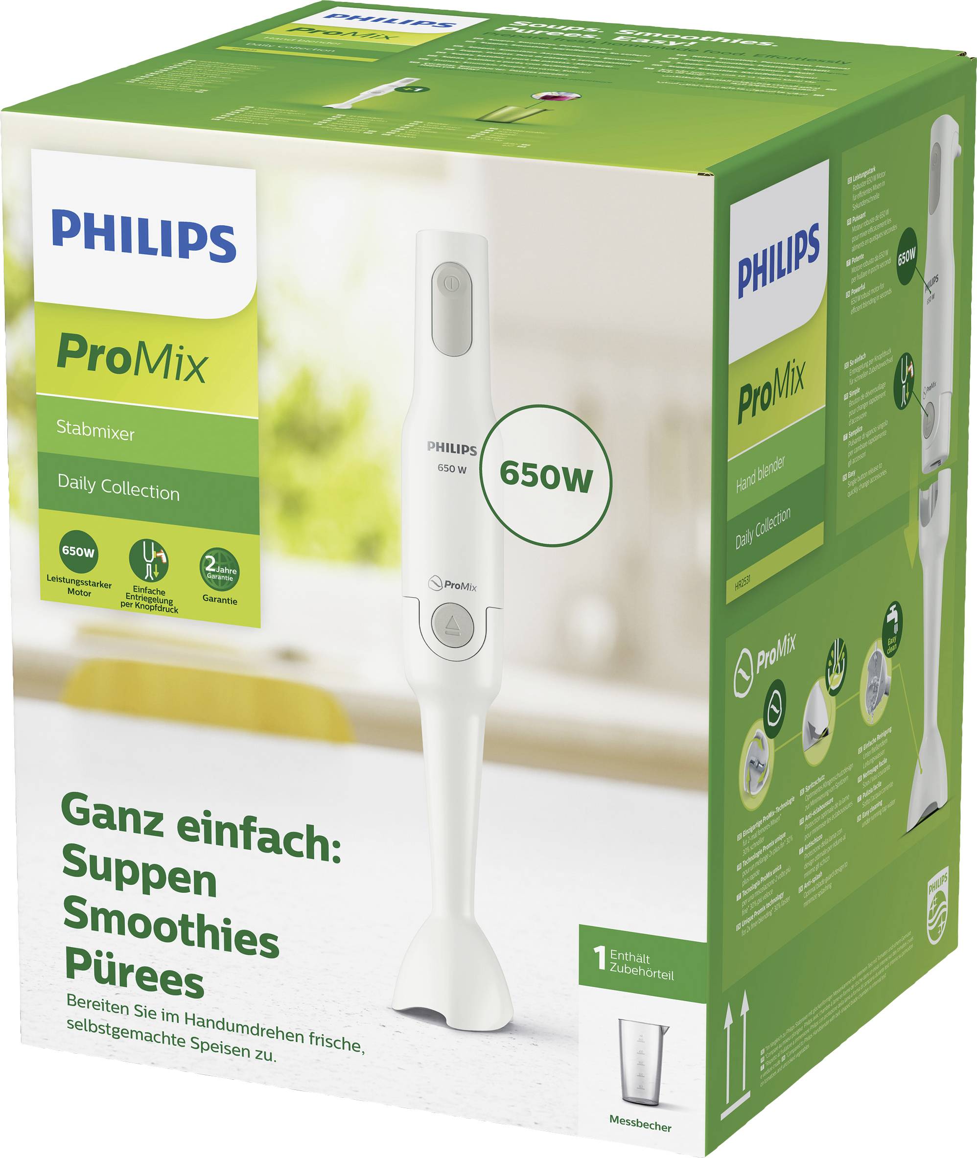 Confezione di un frullatore a immersione Philips ProMix. Testo: 'Semplicemente: Zuppe, Smoothies, Purè'. Potenza: 650W. Immagine del frullatore in primo piano.