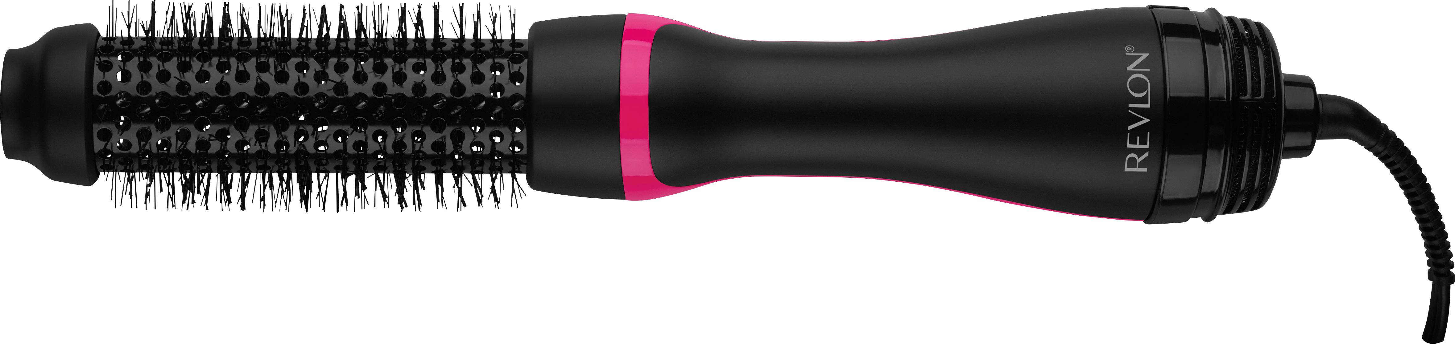 Un asciugacapelli nero rotondo Revlon con setole e una striscia accent rosa, utilizzato per lo styling dei capelli.