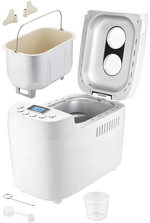 Macchina per il pane con coperchio aperto, contenitore estraibile, pale per impastare, tazza graduata e display. Ideale per preparare diversi tipi di pane.