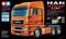 Un camion modello arancione in scala 1:14 di Tamiya, MAN TGX 26.540 6x4 XLX, con illustrazione tecnica del cambio.