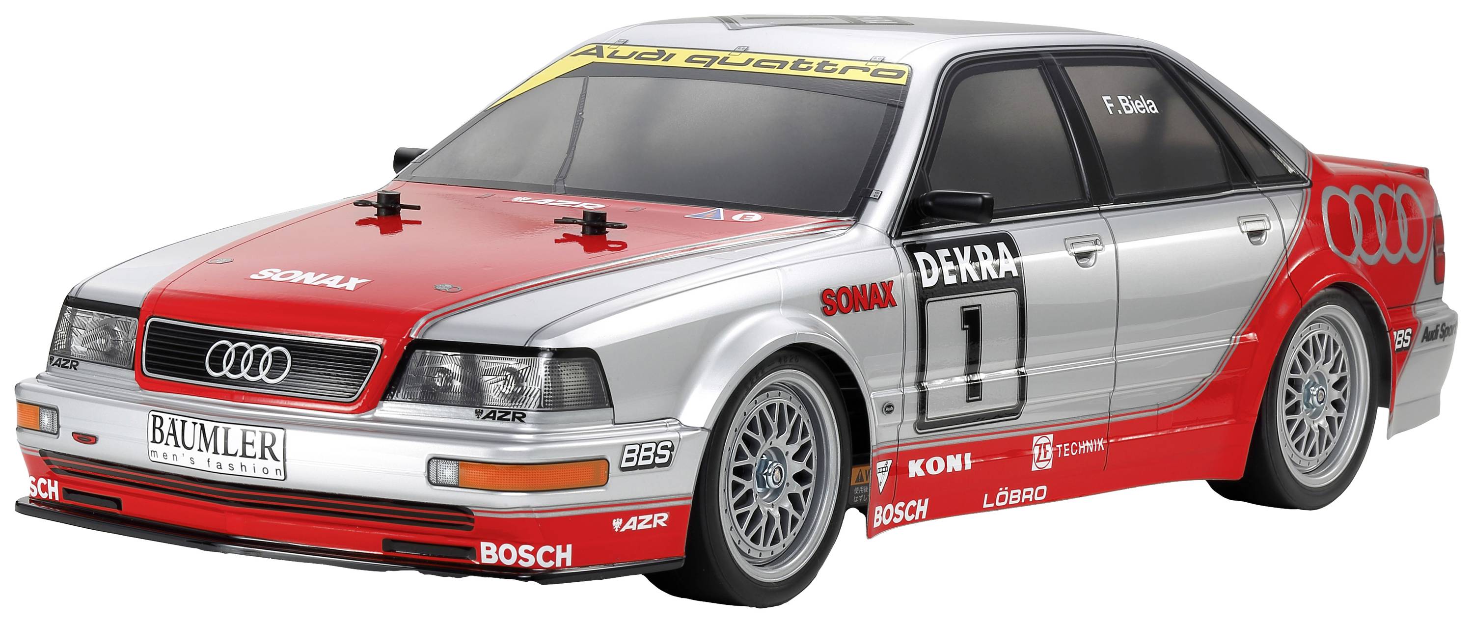 Modello di auto da corsa Audi rosso e grigio argento con adesivi degli sponsor e numero di gara '1'.