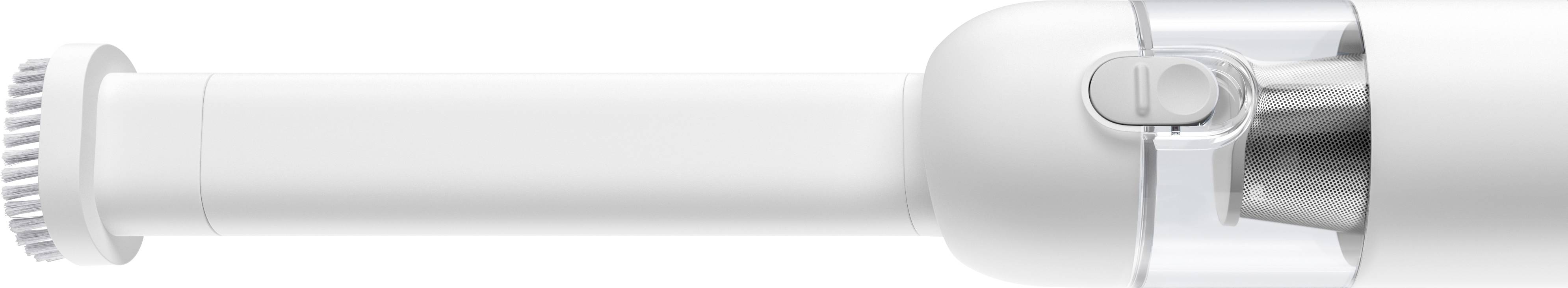 Spazzolino elettrico con manico bianco e testina rotante, ripreso in primo piano. Design minimale con accenti argentati.