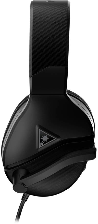 Cuffie da gaming nere con cavo, raffigurate di lato. Logo del marchio visibile sul padiglione auricolare. Utilizzate nel settore dei videogiochi.