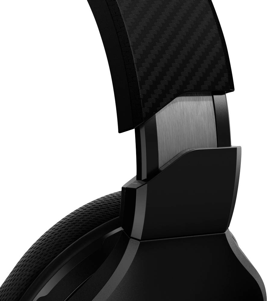 Primo piano di una cuffia nera con archetto strutturato e padiglione auricolare, che enfatizza tecnologia e design moderni.