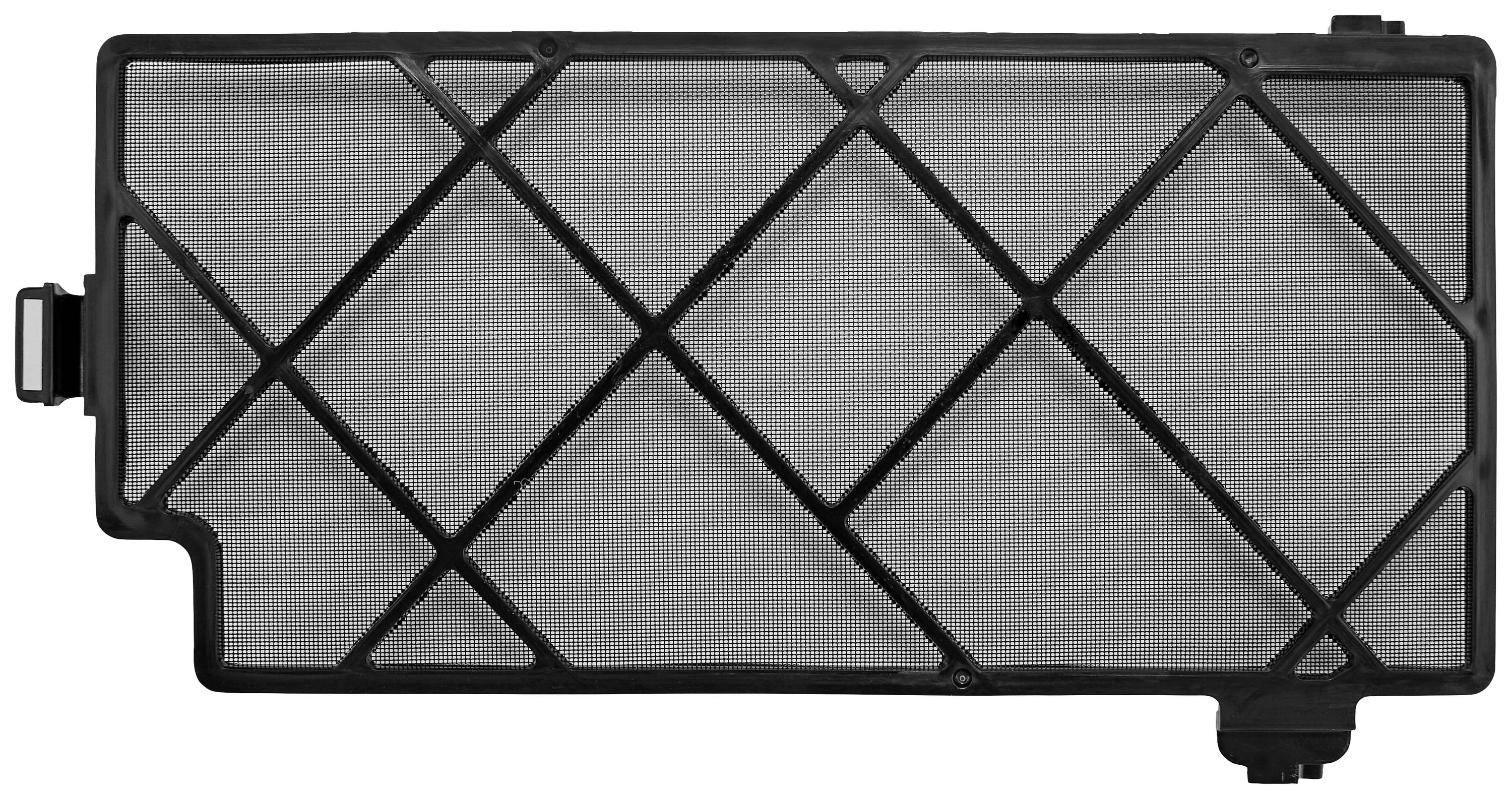 Un filtro dell'aria rettangolare con cornice in plastica nera e schema a griglia diagonale, utilizzato per purificare l'aria nei dispositivi.