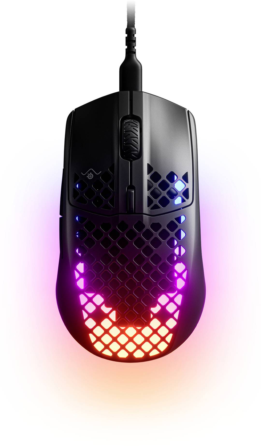 Mouse da gaming illuminata vista dall'alto, superficie nera con motivo a nido d'ape e illuminazione RGB in tonalità di rosa, viola e arancione.