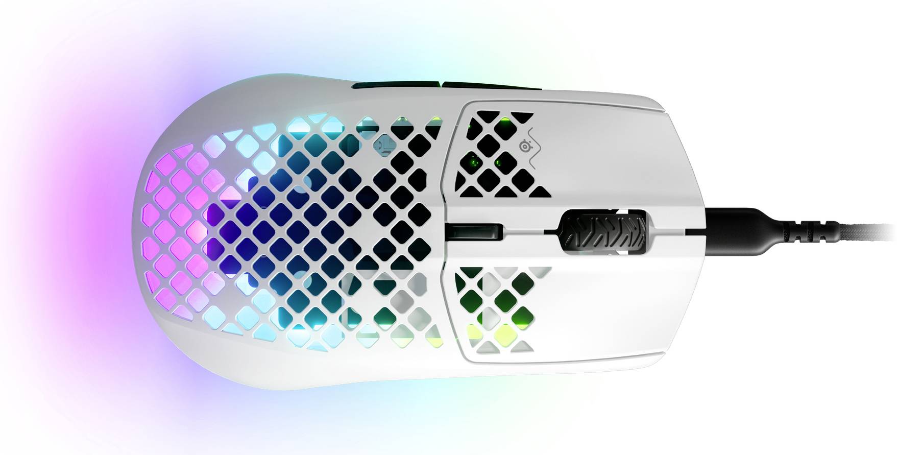 Mouse da gaming bianca con design a nido d'ape e illuminazione RGB, collegata tramite cavo.