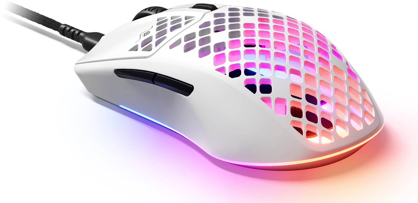 Mouse bianca ergonomica da gaming con motivo a nido d'ape e illuminazione RGB colorata; ideale per un gioco preciso e comfort.