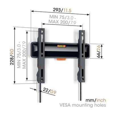 'Supporto a parete con fori di montaggio VESA. Dimensioni: Larghezza 293 mm/11,5 pollici, Altezza 228 mm/9 pollici. Montabile per VESA da 75–200 mm.'