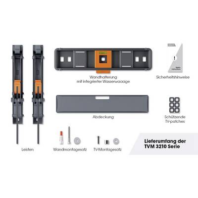 Istruzioni di montaggio Serie TVM 3210: Supporto a parete con livella, copertura, kit di montaggio, patch TV, avvertenze di sicurezza.