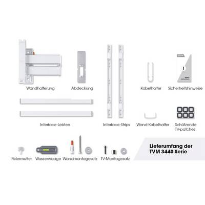 Contenuto della confezione della serie TVM 3440: staffa a muro, copertura, fermacavi, avvertenze di sicurezza, barre di interfaccia, supporto cavi da parete, patch TV, dado di fissaggio, livella, accessori per il montaggio.