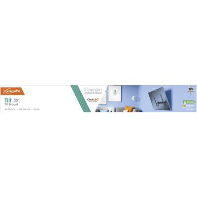 Vogel's Supporto TV Inclinabile 20°. Immagine di un televisore a schermo piatto montato a parete in un soggiorno. Annuncio con dettagli del prodotto e informazioni sulla garanzia.