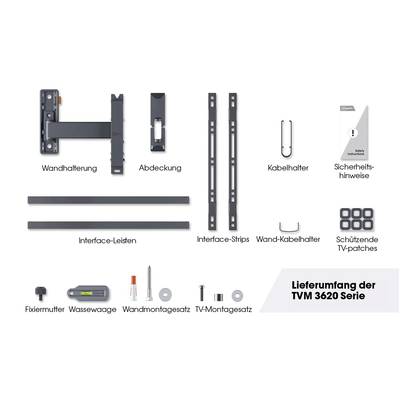 Accessori di montaggio per supporto TV della serie TVM 3620, inclusi supporti, barre di interfaccia, fascette per cavi, viti e istruzioni.