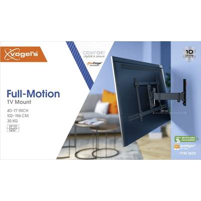 This text is already in German. Would you like me to translate it to Italian?<br><br>Here's the Italian translation:<br><br>'Supporto TV a movimento completo Vogel, adatto a schermi da 40-77 pollici, 35 kg. Inclinabile fino a 120°. Confezione ecologica.'