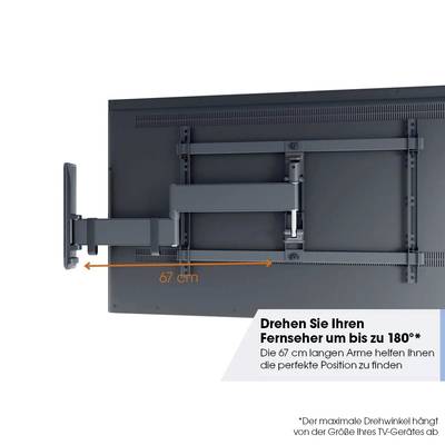 Un sistema di supporto per TV mostra un braccio orientabile con una lunghezza di 67 cm, che consente di ruotare il televisore fino a 180 gradi.