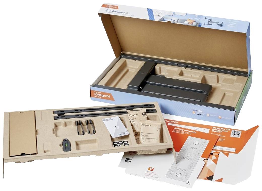 Scatola di cartone con coperchio aperto che mostra un set di supporto in legno per TV assemblato. Include accessori per il montaggio e istruzioni.