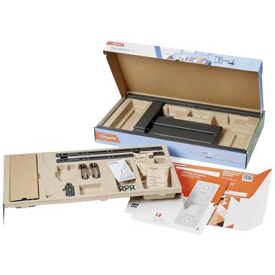 Scatola di cartone con coperchio aperto che mostra un set di supporto in legno per TV assemblato. Include accessori per il montaggio e istruzioni.