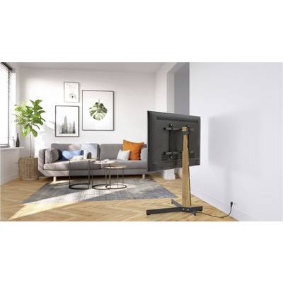 Televisore a schermo piatto su supporto in legno in un soggiorno moderno con divano grigio, cuscini colorati, piante e decorazioni murali.
