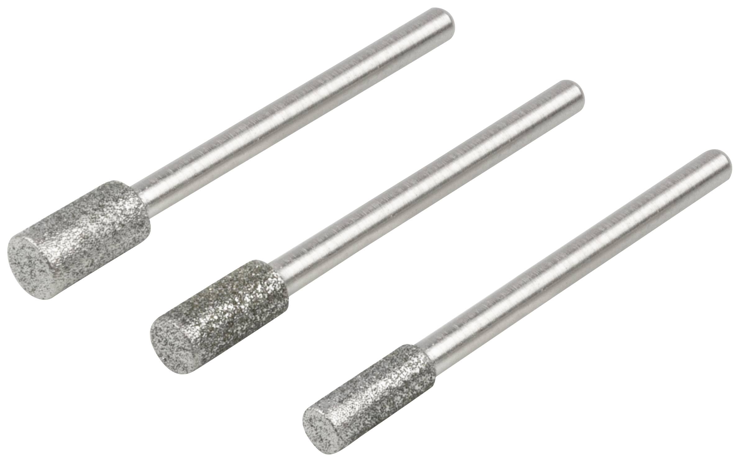 Tre matite abrasive con punte cilindriche per l'uso in utensili rotanti, realizzate in metallo argentato, sono poste una accanto all'altra.