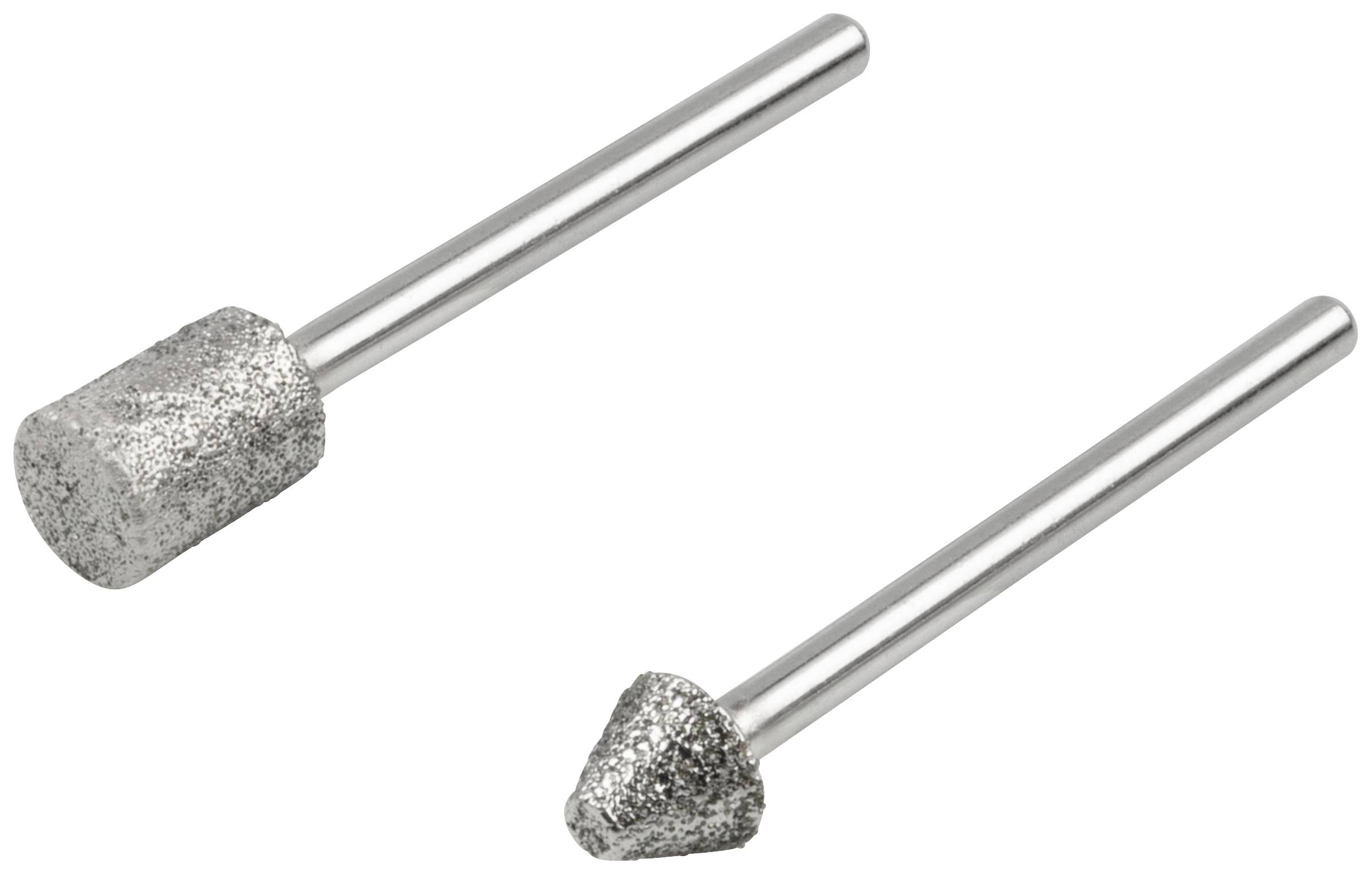 Due teste di molatura rotanti con forme diverse, una cilindrica e una conica, entrambe con finitura argentata.
