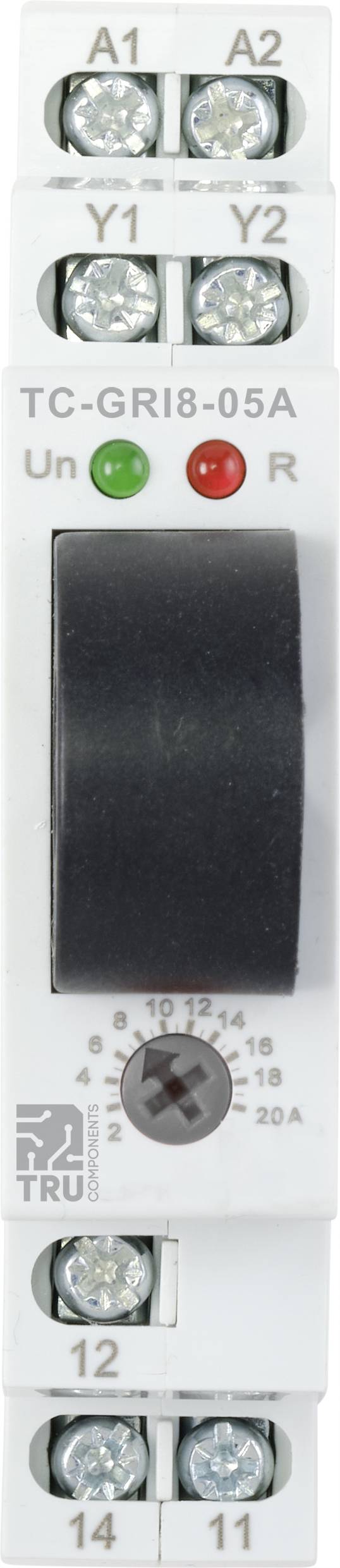 Un modulo relè elettrico con LED rossi e verdi sulla parte superiore. Etichettato come 'TC-GR18-05A'. Sono visibili diversi morsetti di connessione.