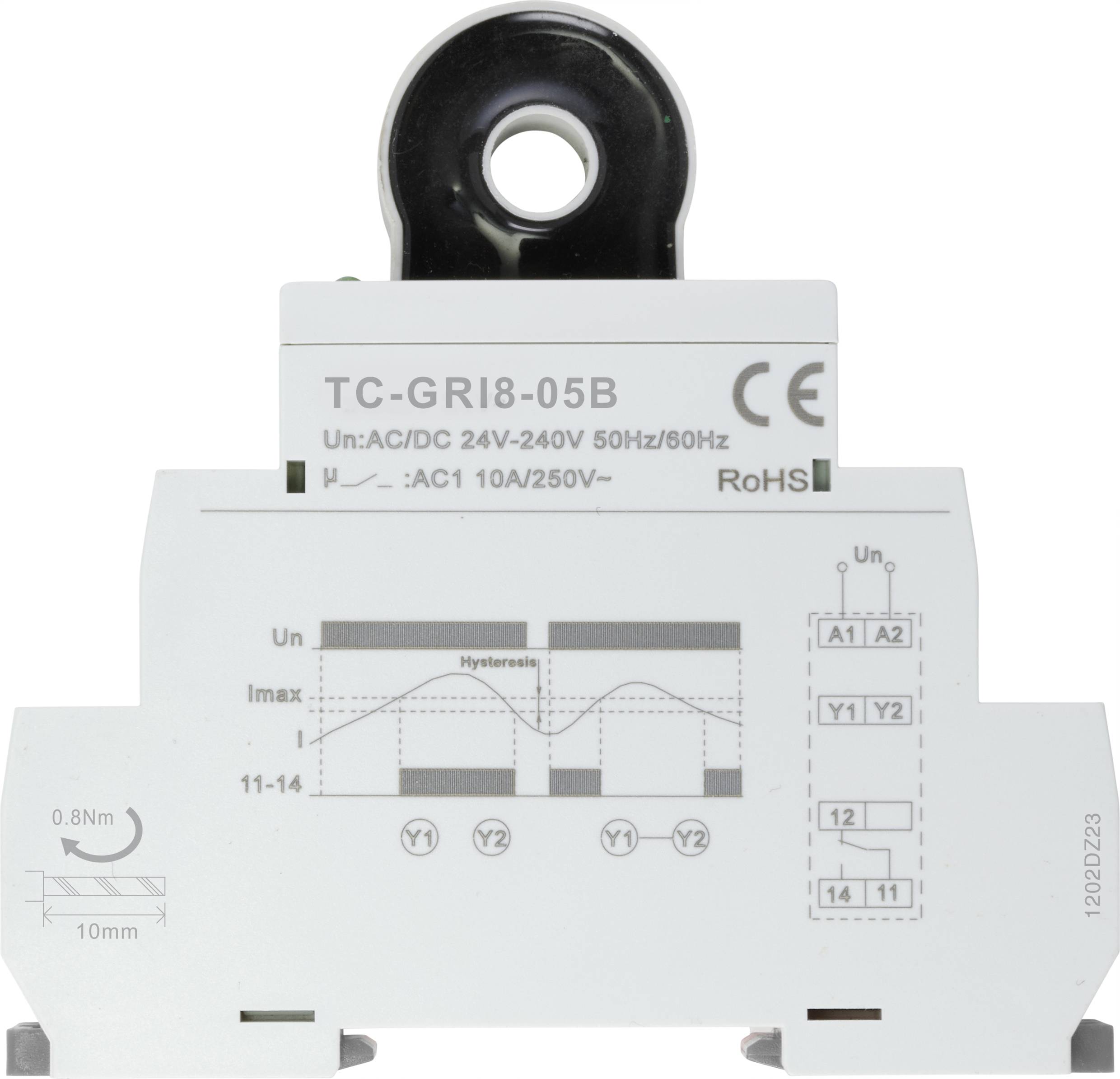 Un interruttore grigio con la denominazione 'TC-GRI8-05B', specifiche di tensione e marchio CE.