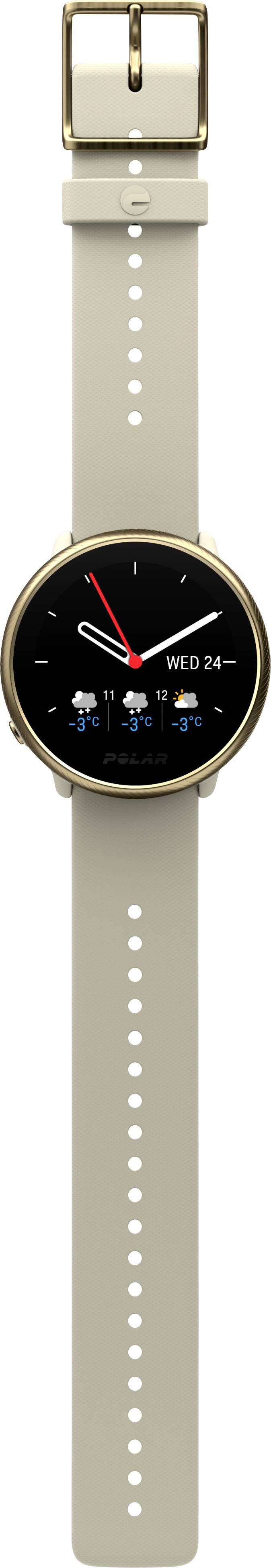 Un smartwatch con quadrante rotondo, cassa color oro e cinturino beige. Mostra l'ora e le previsioni meteo.