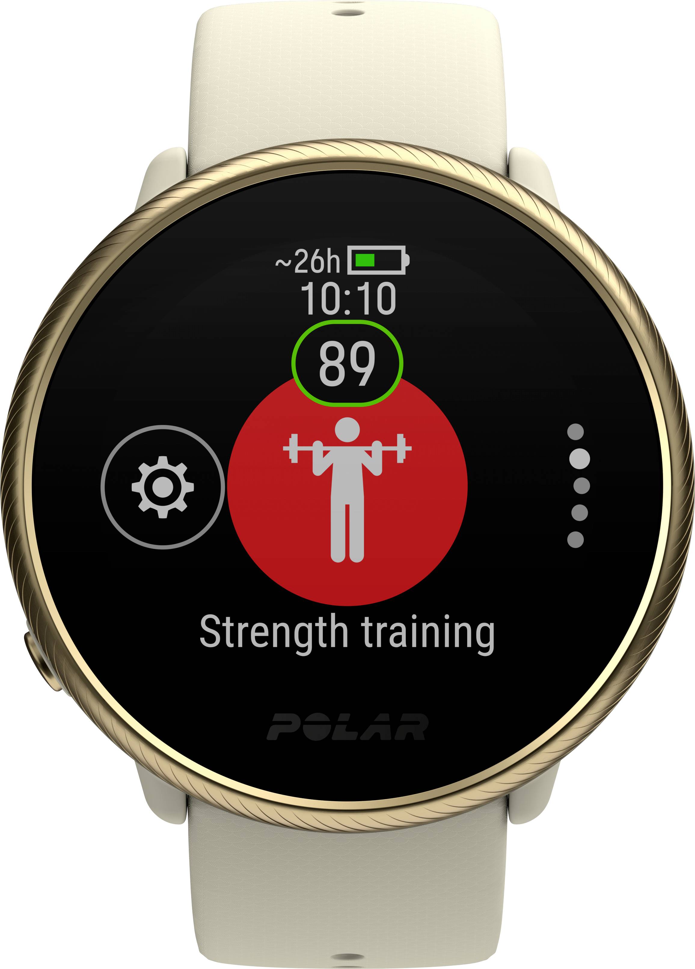 Display dello smartwatch mostra 'Allenamento di forza' con progresso di 89, ora 10:10, indicatore batteria '26h'.