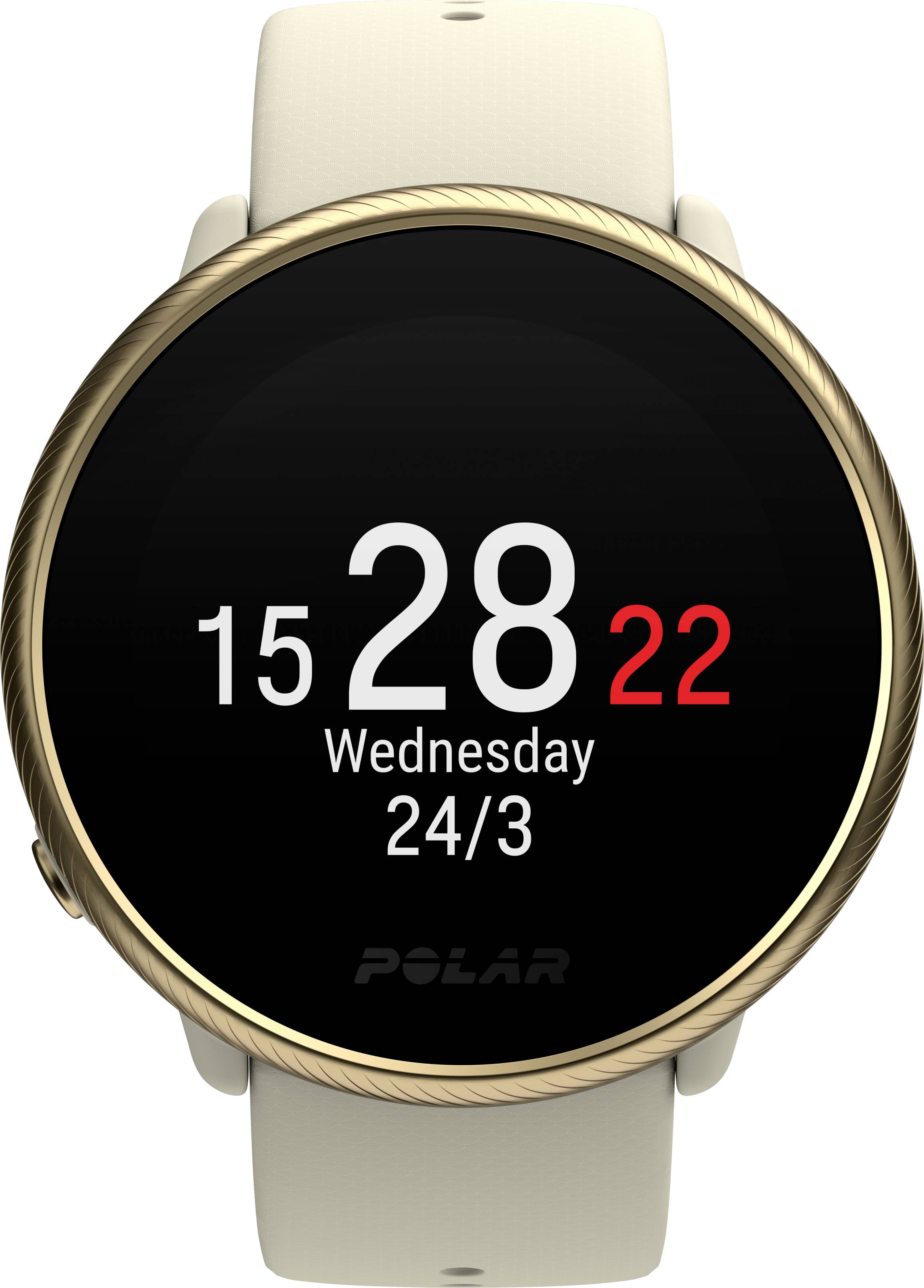 Orologio da polso con display digitale che mostra '15:28' di mercoledì, 24 marzo. Cinturino beige.