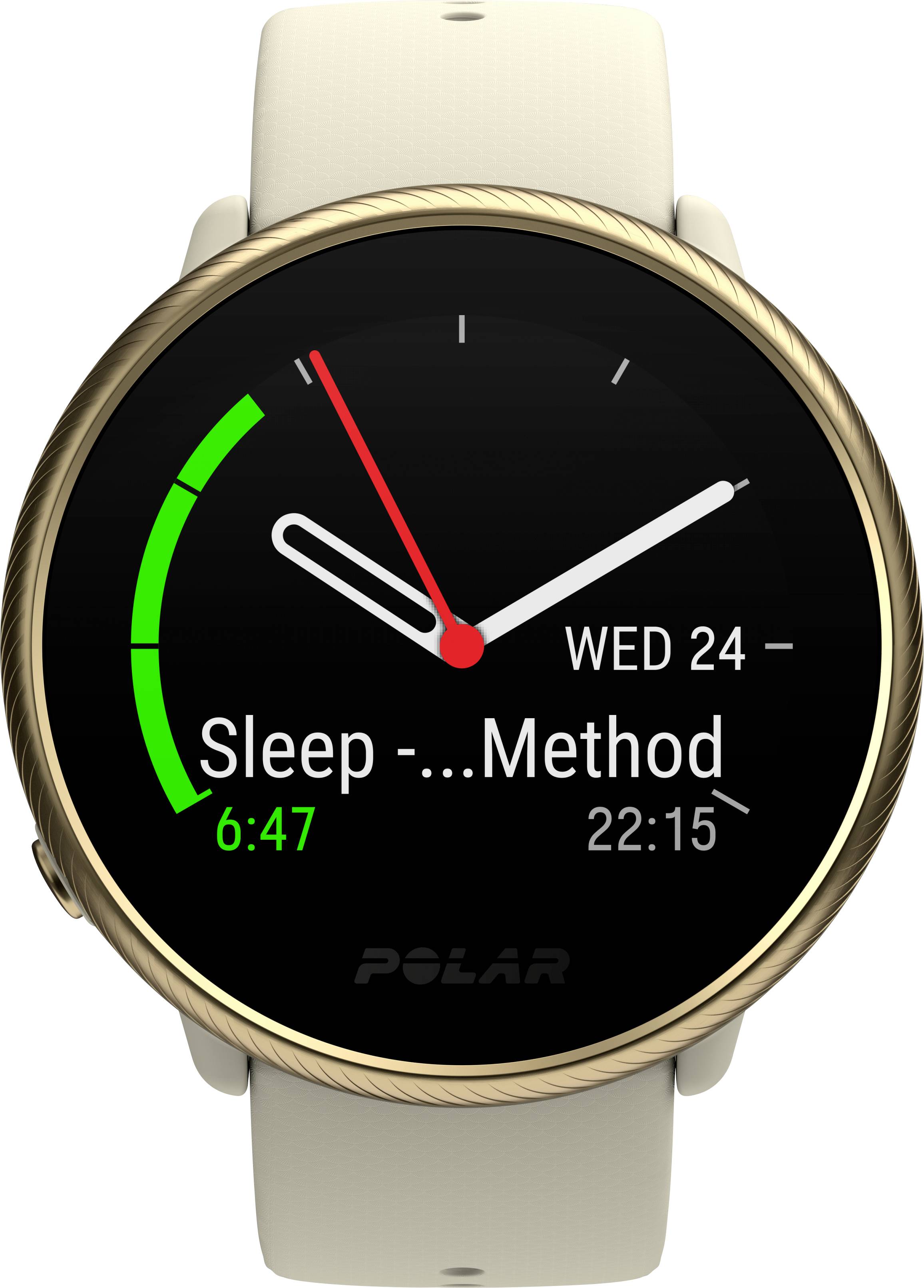 Smartwatch con cinturino bianco mostra l'ora 6:47, data Mercoledì, 24, e testo 'Metodo Sonno' con indicatore di progresso circolare.