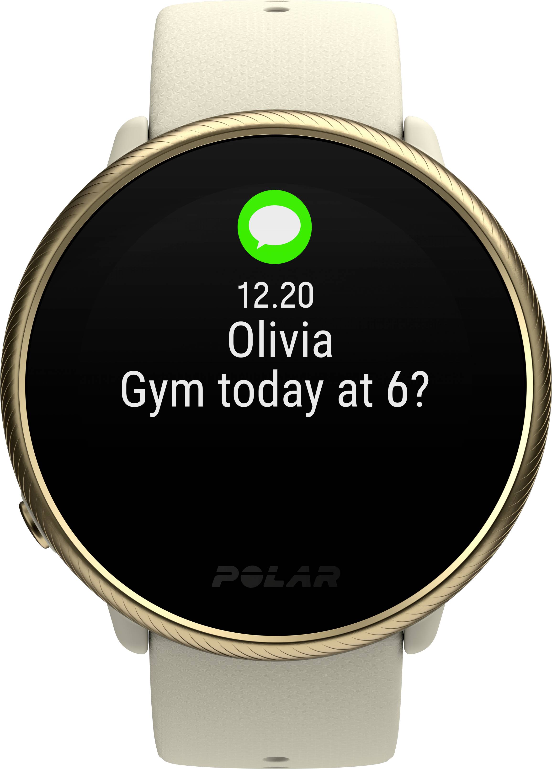 Smartwatch con messaggio sul display: '12.20 Olivia Palestra oggi alle 18?'