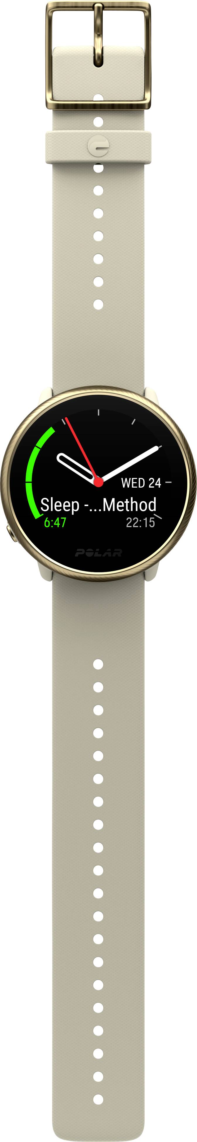 Smartwatch con cassa color oro e cinturino beige che mostra la data 'MER 24' e 'Metodo Sonno'. Stato batteria verde.