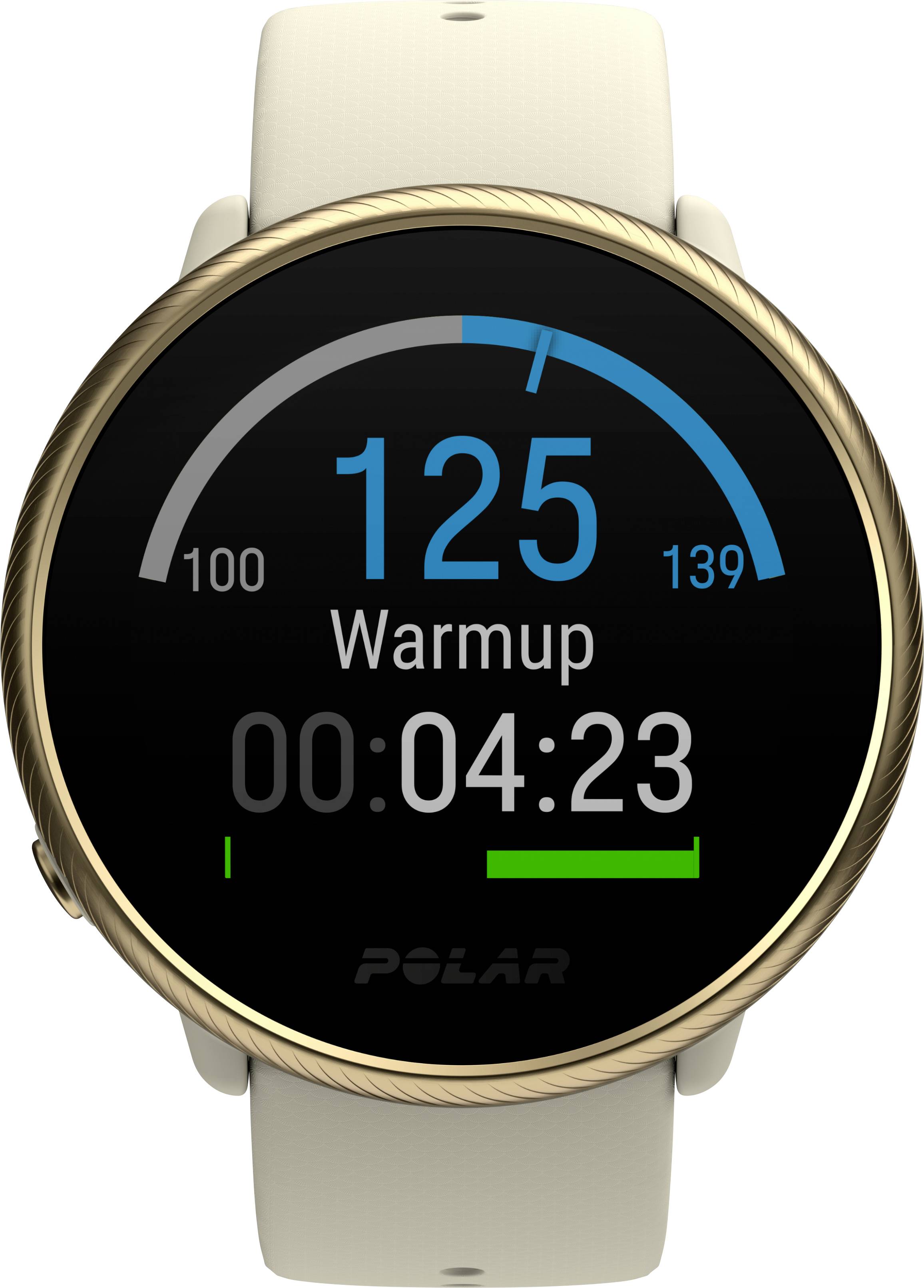 Uno smartwatch con un bordo dorato mostra la frequenza cardiaca (125 bpm) in modalità 'Warmup', con una durata di 4 minuti e 23 secondi.