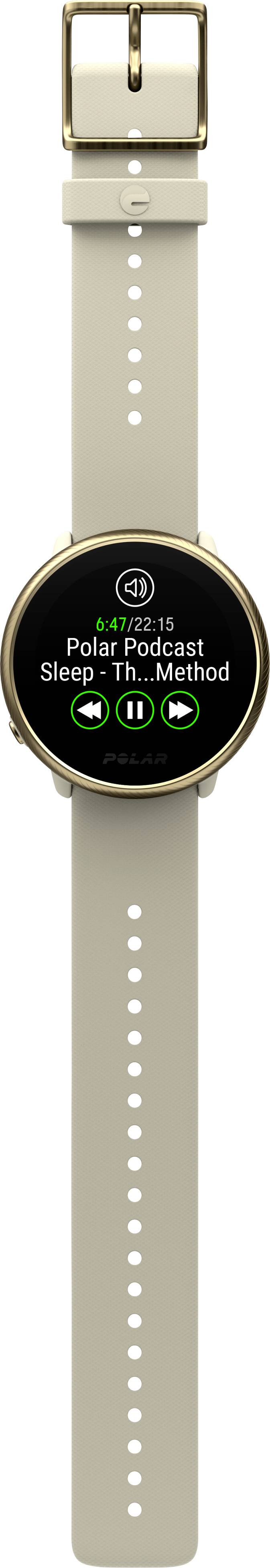 Smartwatch con cassa dorata e cinturino beige mostra un podcast 'Sleep Method' sullo schermo.