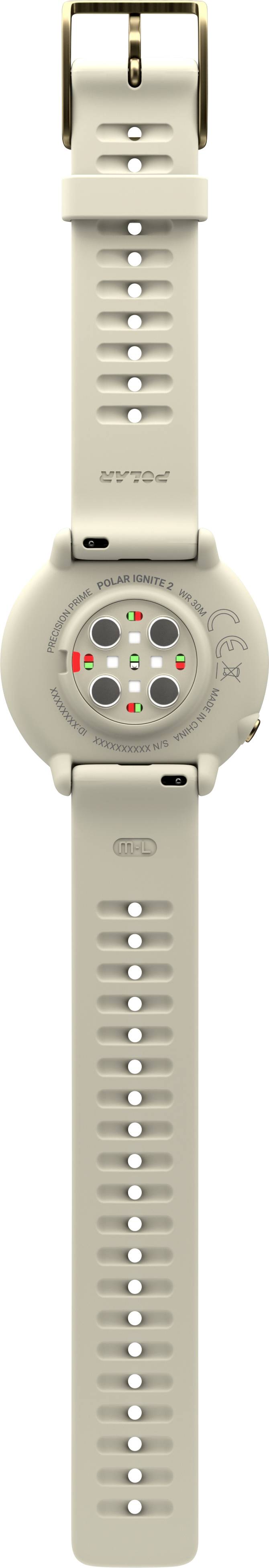 Orologio da polso beige con sensori del battito cardiaco sul lato inferiore della cassa. Non mostra alcun orario o quadrante visibile.