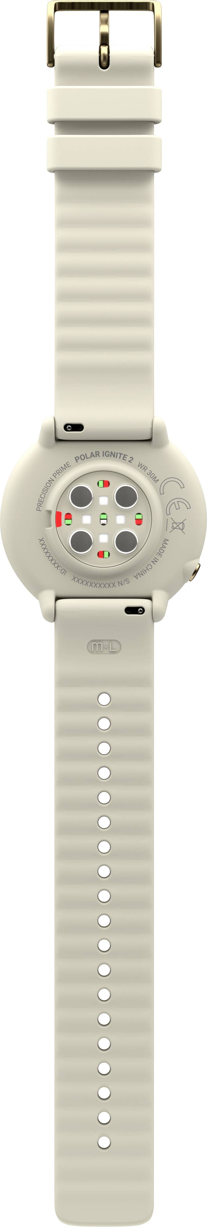 Smartwatch con cinturino chiaro, mostra sensori colorati sul retro per il monitoraggio della salute.
