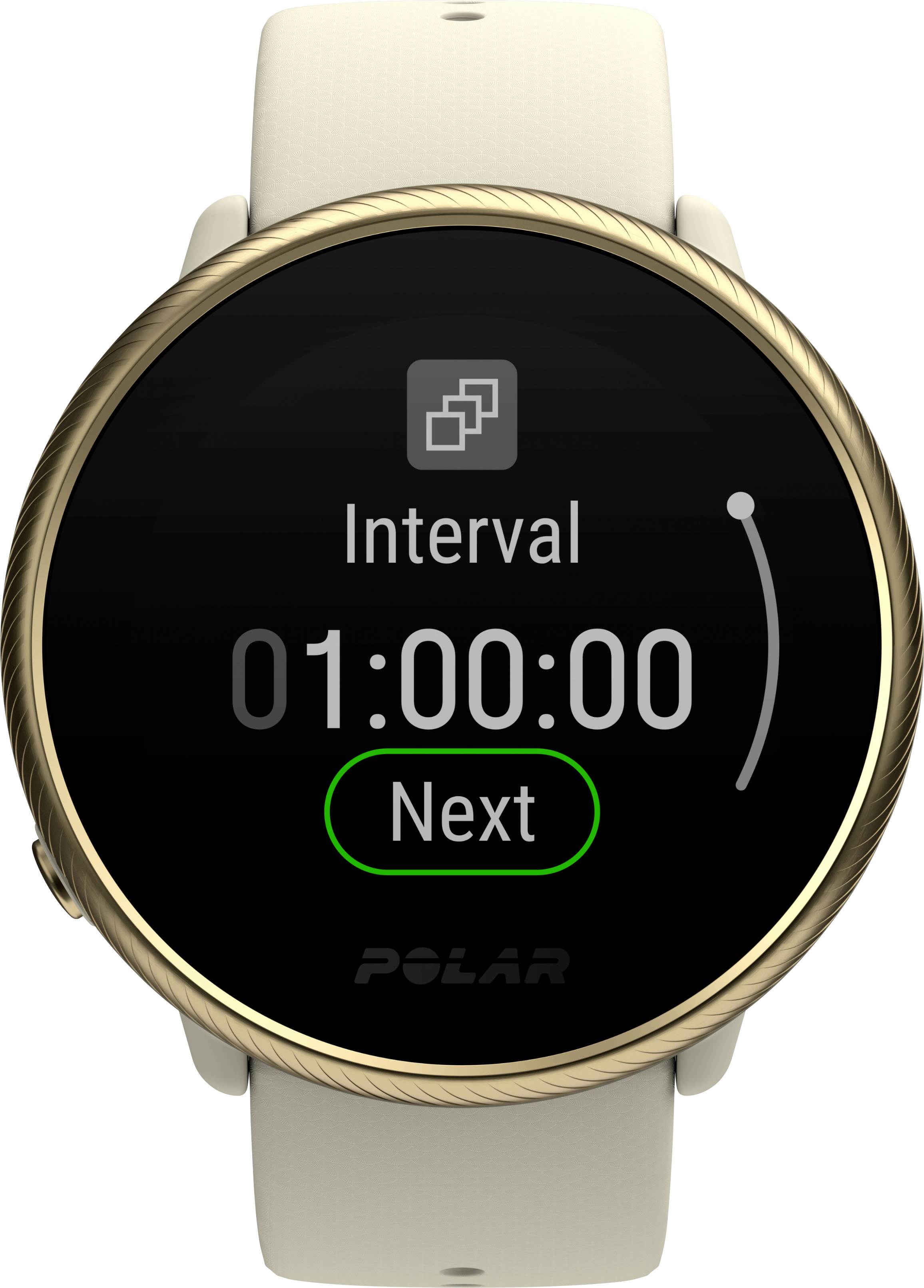 'Smartwatch con display rotondo e cinturino bianco, mostra un timer intervallare di 1 ora con un pulsante verde "Avanti".'
